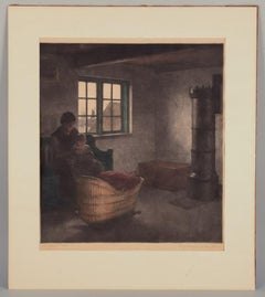Peter Ilsted. Interior scene with mother and child. Color mezzotint on paper.