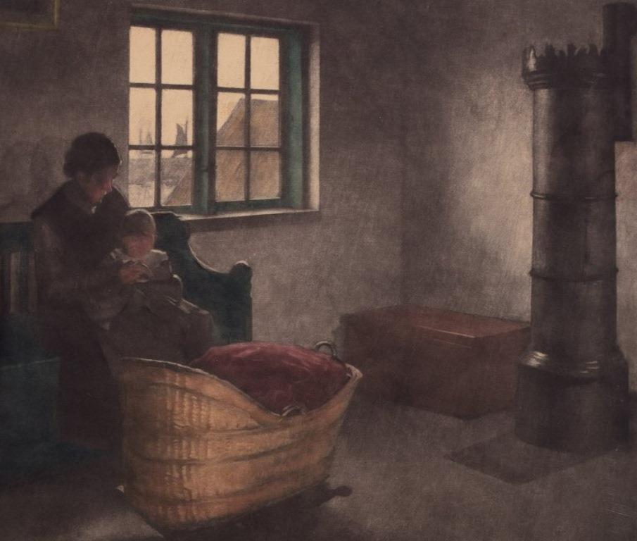 Danois Peter Ilsted. scène d'intérieur avec mère et enfant Mezzotinte en couleur sur papier. en vente