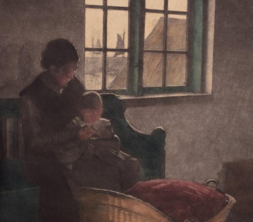 Peter Ilsted. scène d'intérieur avec mère et enfant Mezzotinte en couleur sur papier. Bon état - En vente à Copenhagen, DK