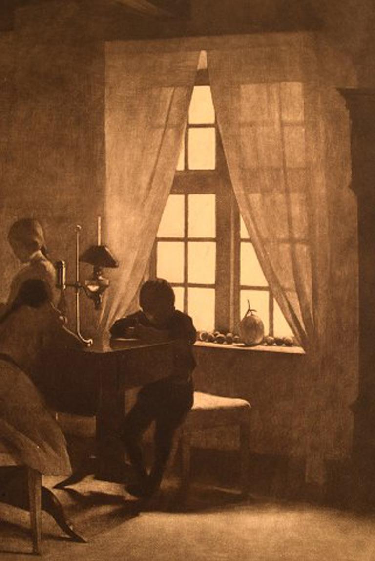 Danish Peter Ilsted, A rainy day. Interior with the artist's family. 1931 Mezzotint.