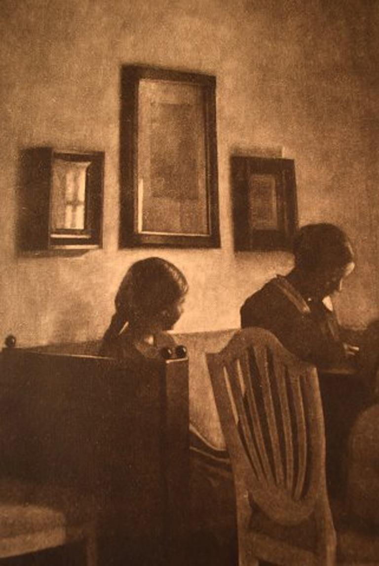 Peter Ilsted, a Rainy Day, Interior with the Artist's Family, Etching In Good Condition For Sale In Copenhagen, DK