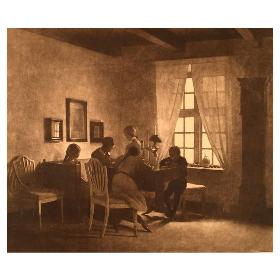 Peter Ilsted, ein regnerischer Tag, Innenraum mit der Familie des Künstlers, Radierung