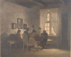Peter Ilsted. Interior with family at the table. Color mezzotint on paper.