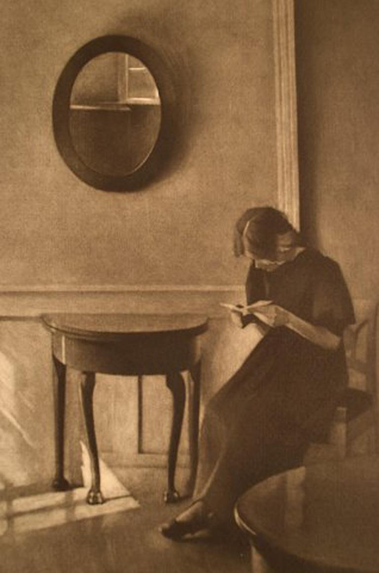 Danish Peter Ilsted, Interior with Reading Woman, Mezzotinte