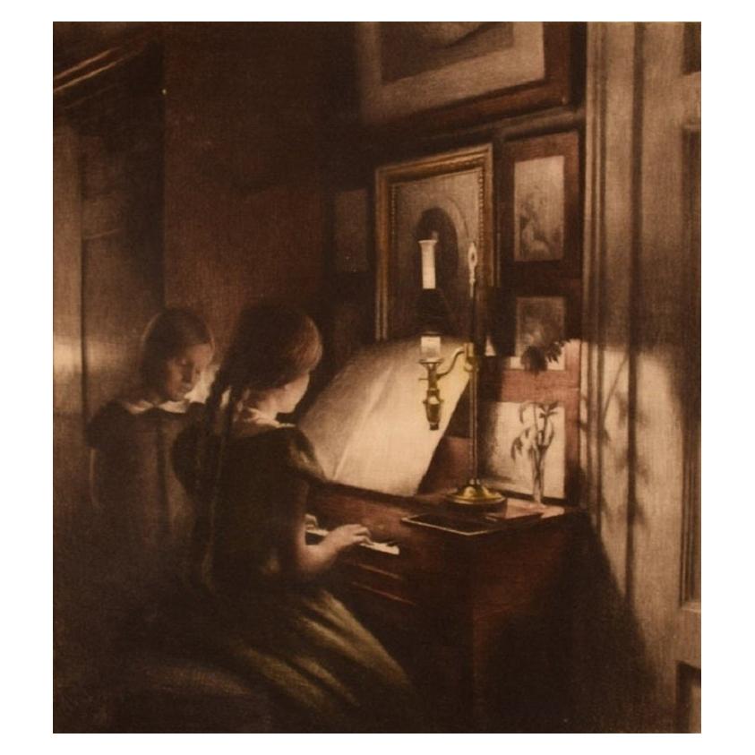 Peter Ilsted, Interior with Two Girls at the Piano, Etching