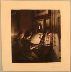 Peter Ilsted Interior with Two Girls at the Piano, Mezzotint