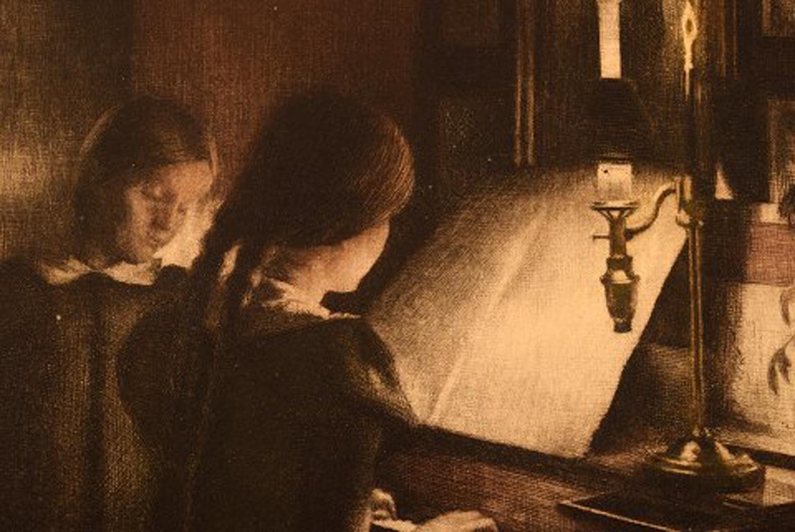 Peter Ilsted Interior with Two Girls at the Piano, Mezzotint In Good Condition For Sale In Copenhagen, DK