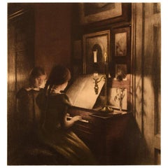 Antique Peter Ilsted Interior with Two Girls at the Piano, Mezzotint