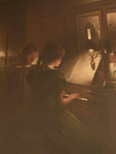 Peter Ilsted Interior with Two Girls at the Piano, Mezzotint in Colors