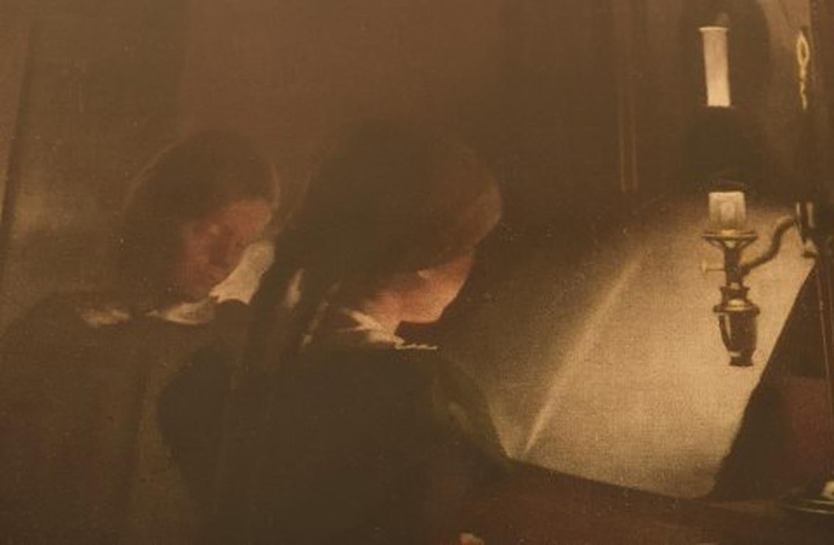 20th Century Peter Ilsted Interior with Two Girls at the Piano, Mezzotint in Colors For Sale