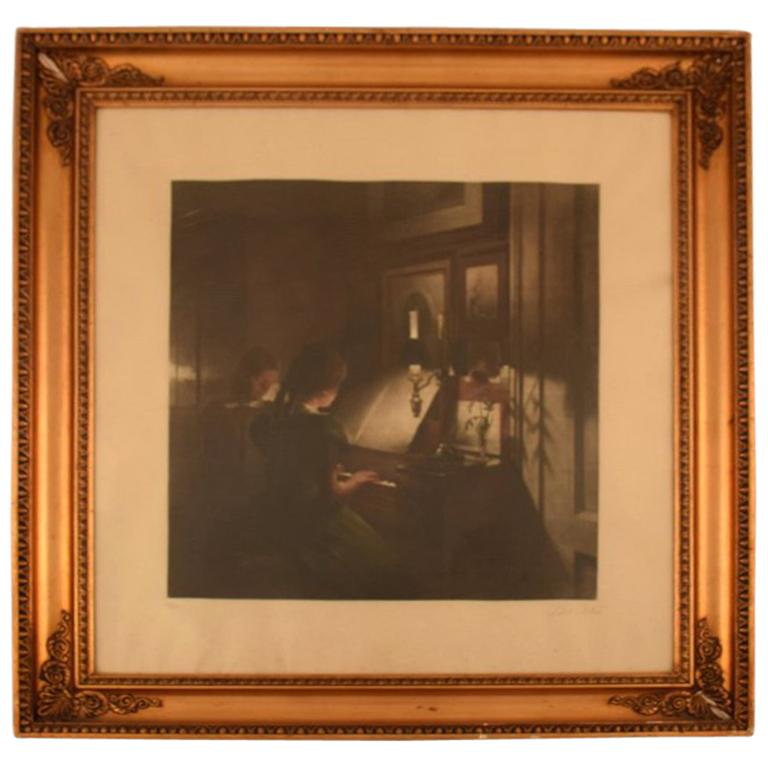 Peter Ilsted Interior with Two Girls at the Piano, Mezzotint in Colors For Sale