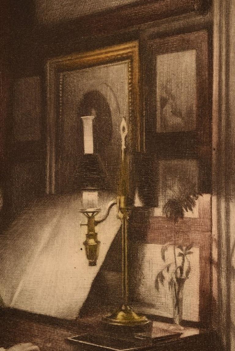 Peter Ilsted, Interior with Two Girls at the Piano, Mezzotint in Colors In Good Condition For Sale In Copenhagen, DK