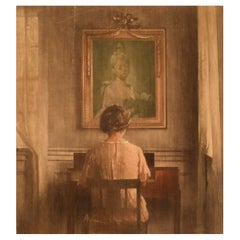 Peter Ilsted, Mezzotint in Colors, "By the Spinette", Early 20th C