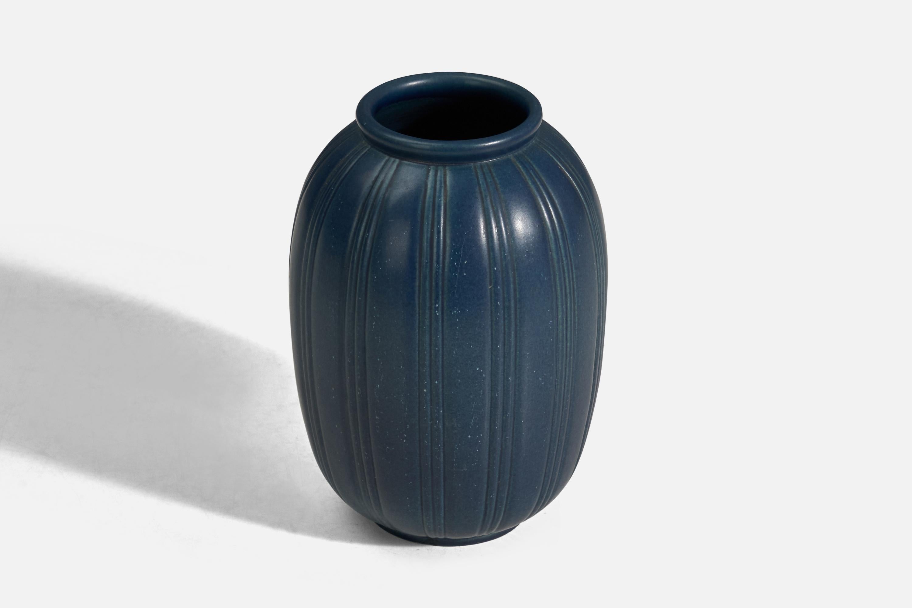 Danish Peter Ipsen Enke, Vase, Blue Glazed Stoneware, Denmark, 1940s