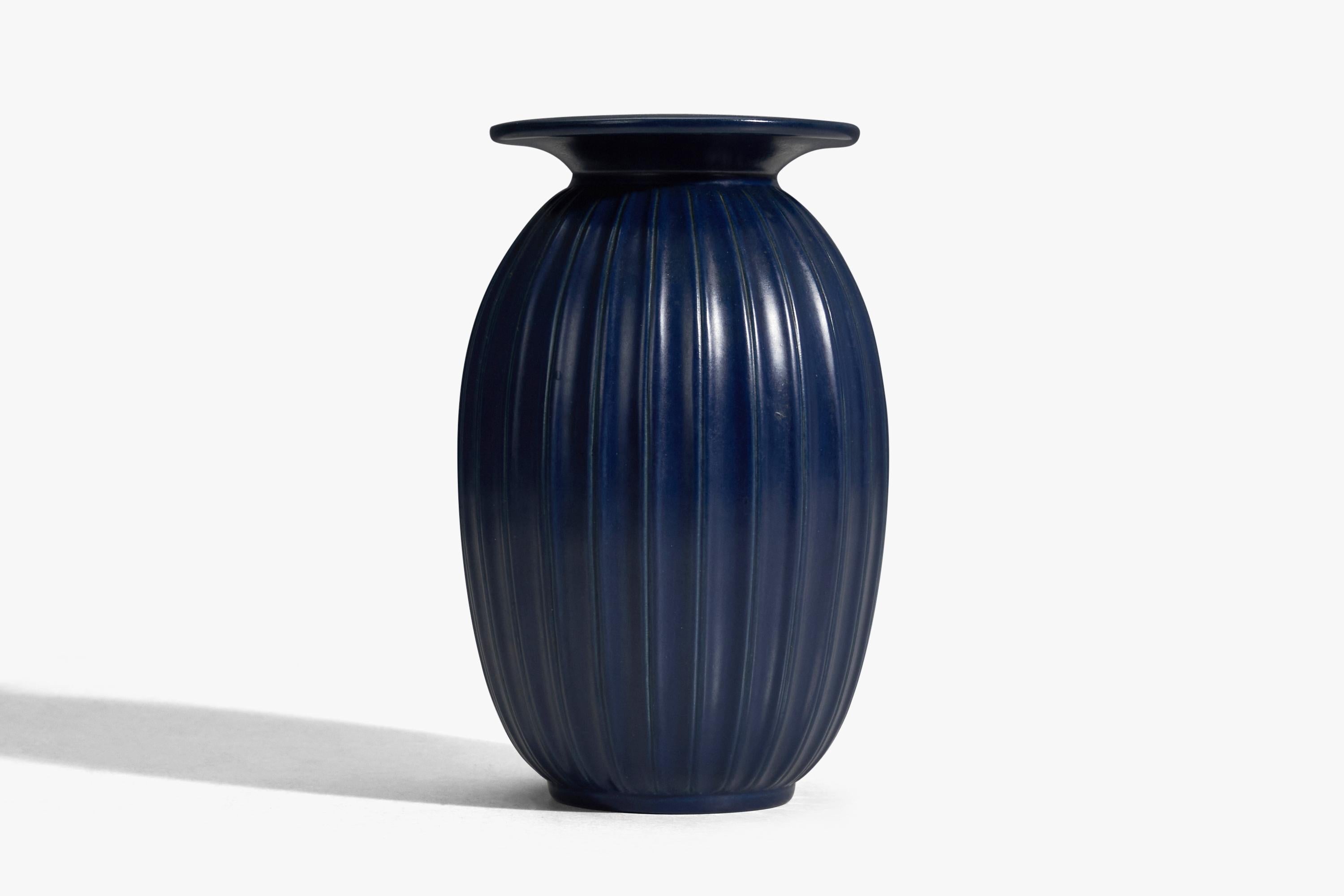 Scandinavian Modern Peter Ipsens Enke, Vase, Blue Glazed Stoneware, Denmark, 1940s