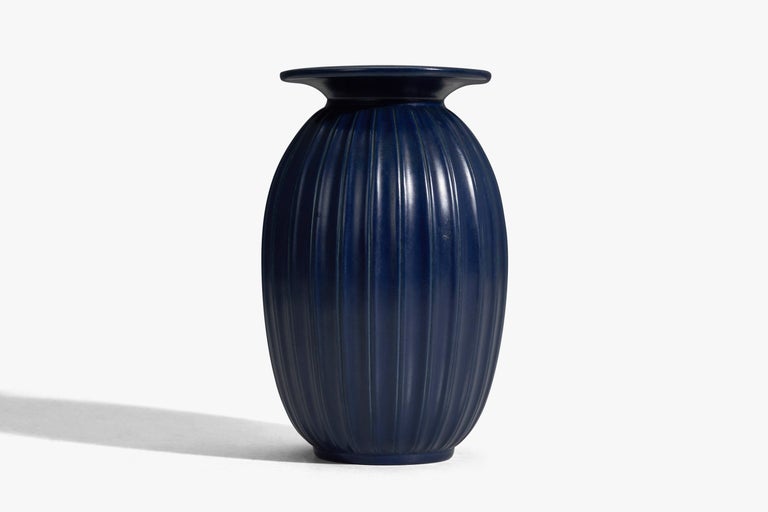 Scandinavian Modern Peter Ipsens Enke, Vase, Blue Glazed Stoneware, Denmark, 1940s For Sale