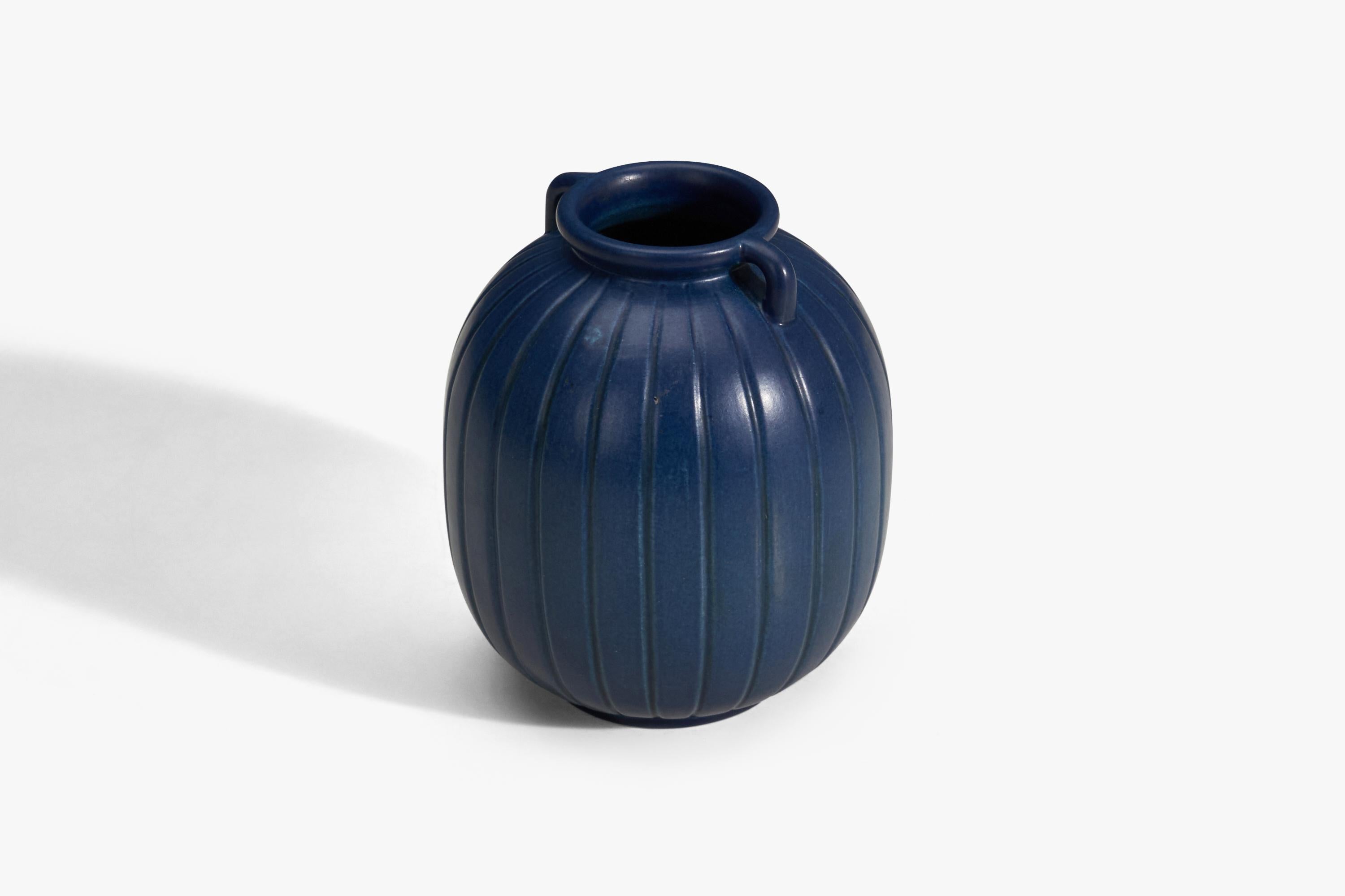 Scandinavian Modern Peter Ipsens Enke, Vase, Blue Glazed Stoneware, Denmark, 1940s For Sale