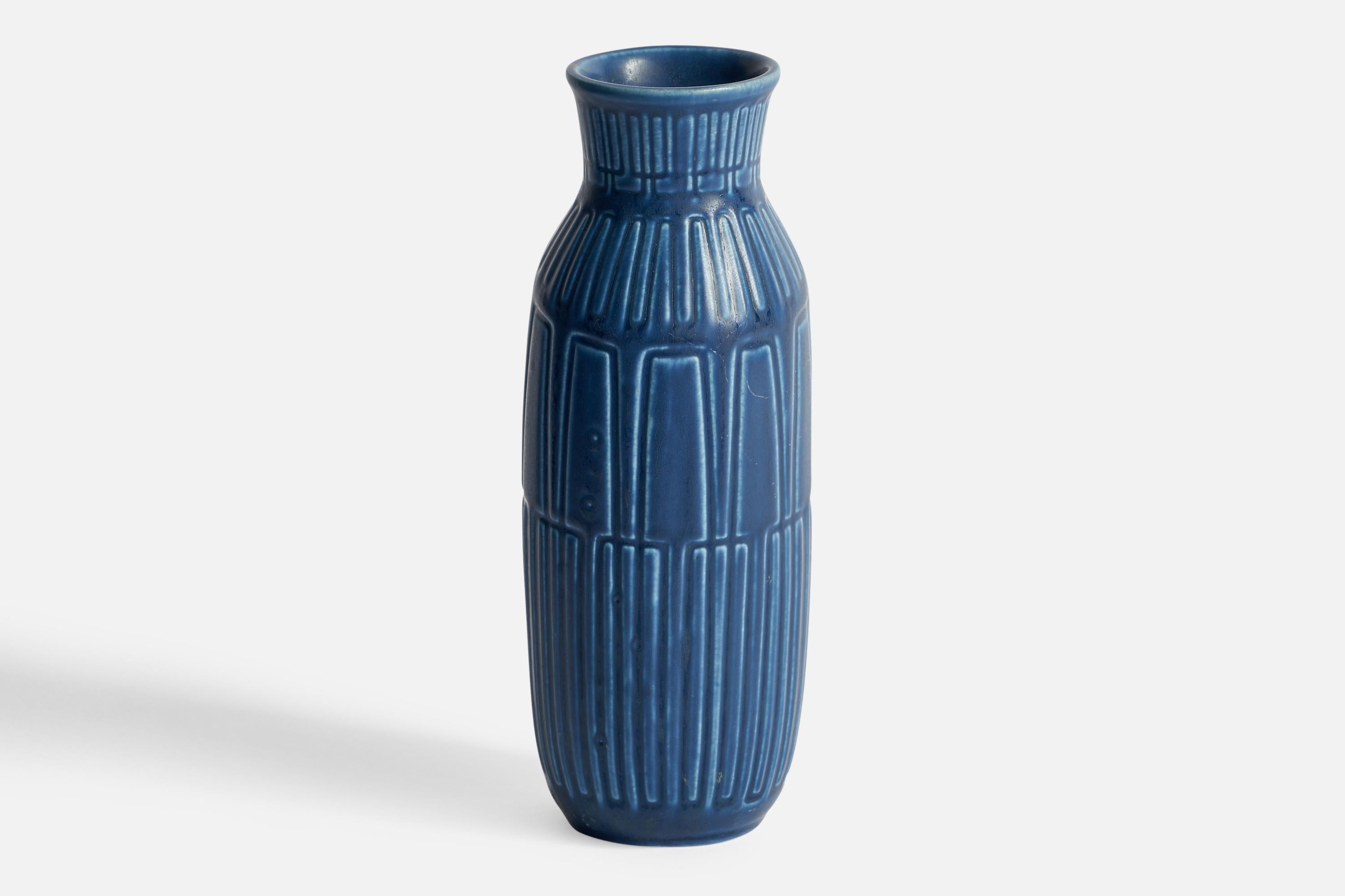 A blue-glazed stoneware vase designed and produced by Peter Ipsens Enke, Denmark, c. 1940s.