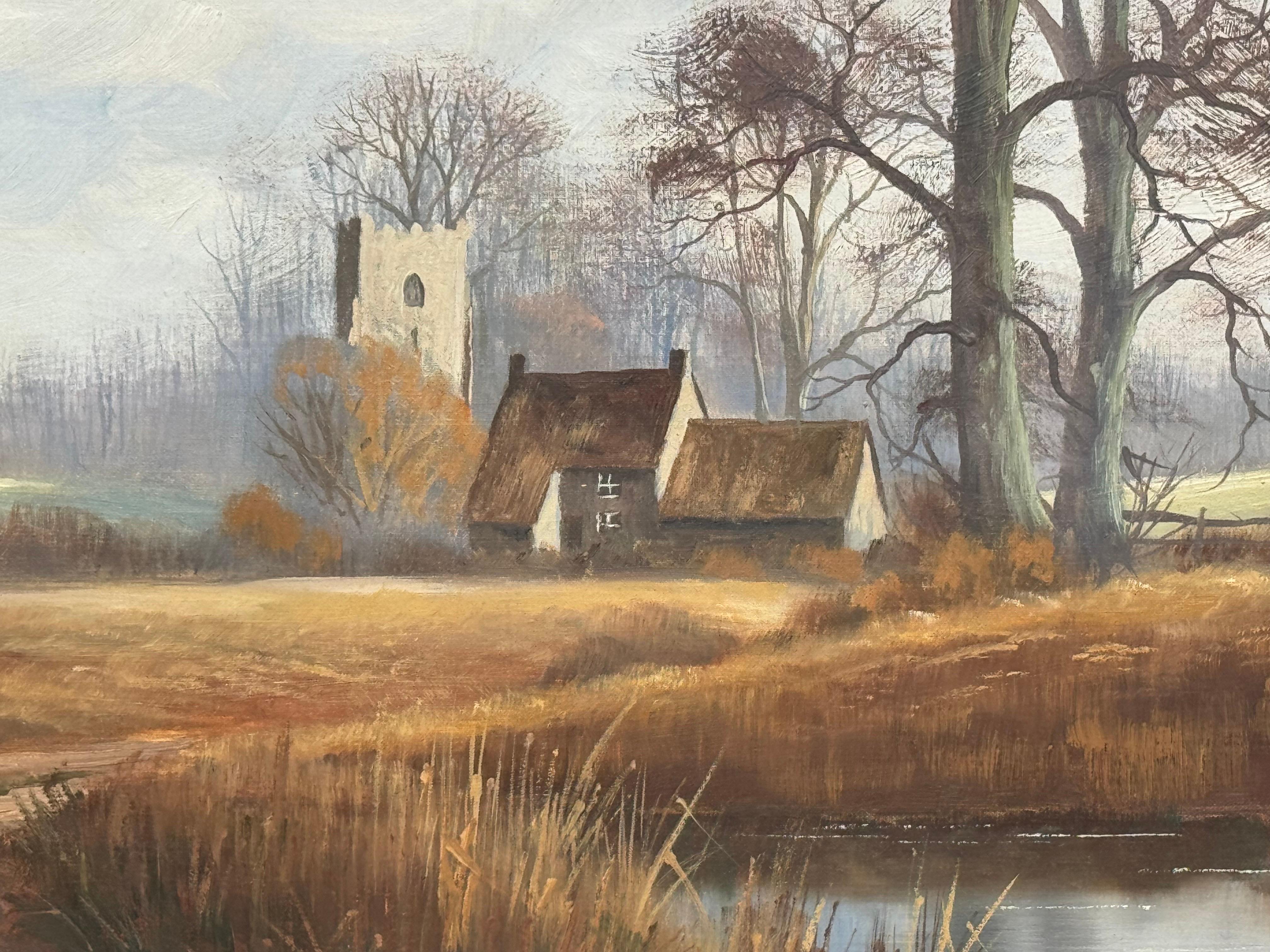 Church's et Cottage au bord d'une rivière dans la campagne anglaise par un artiste britannique en vente 5