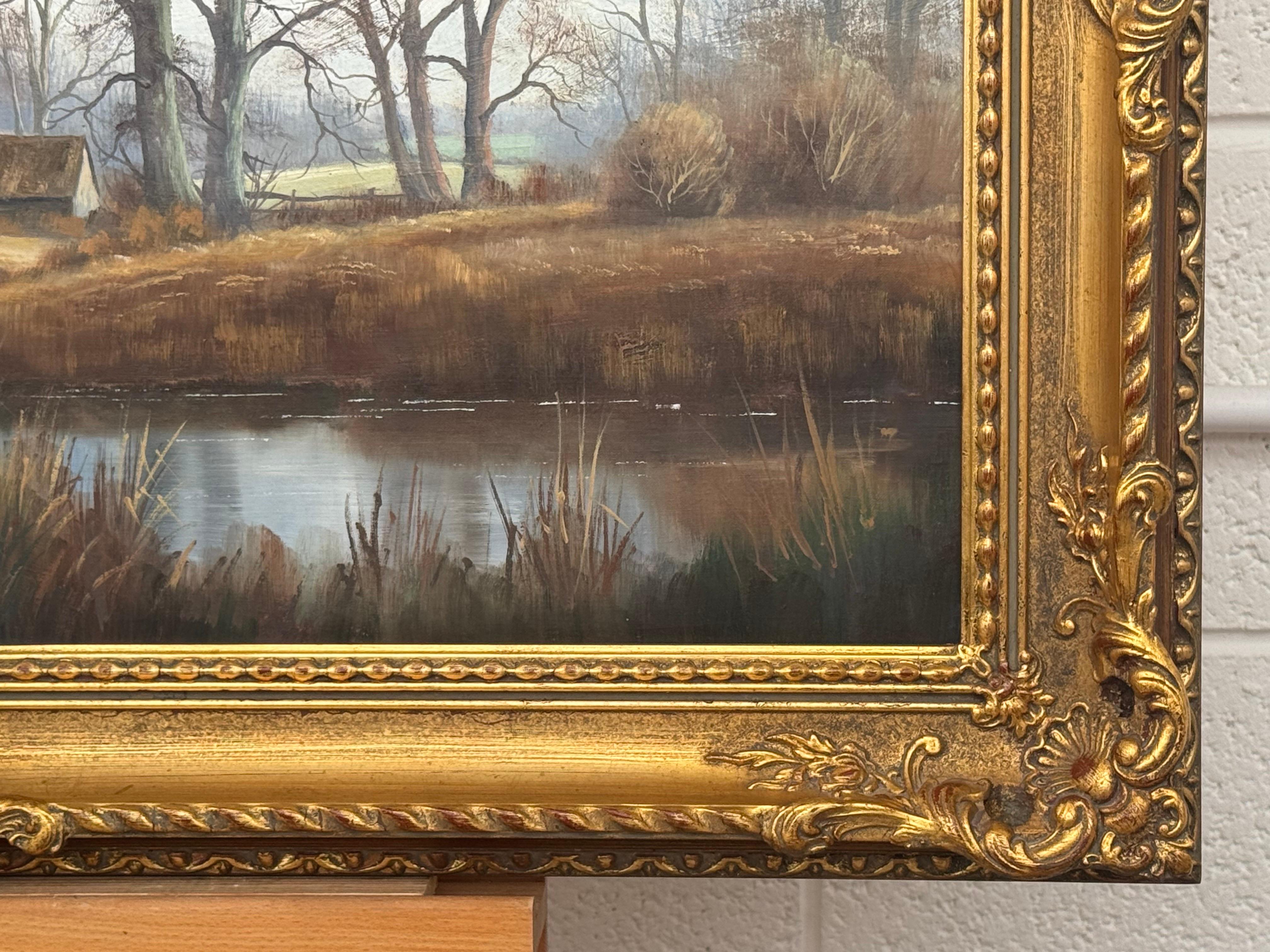Church's et Cottage au bord d'une rivière dans la campagne anglaise par un artiste britannique en vente 9