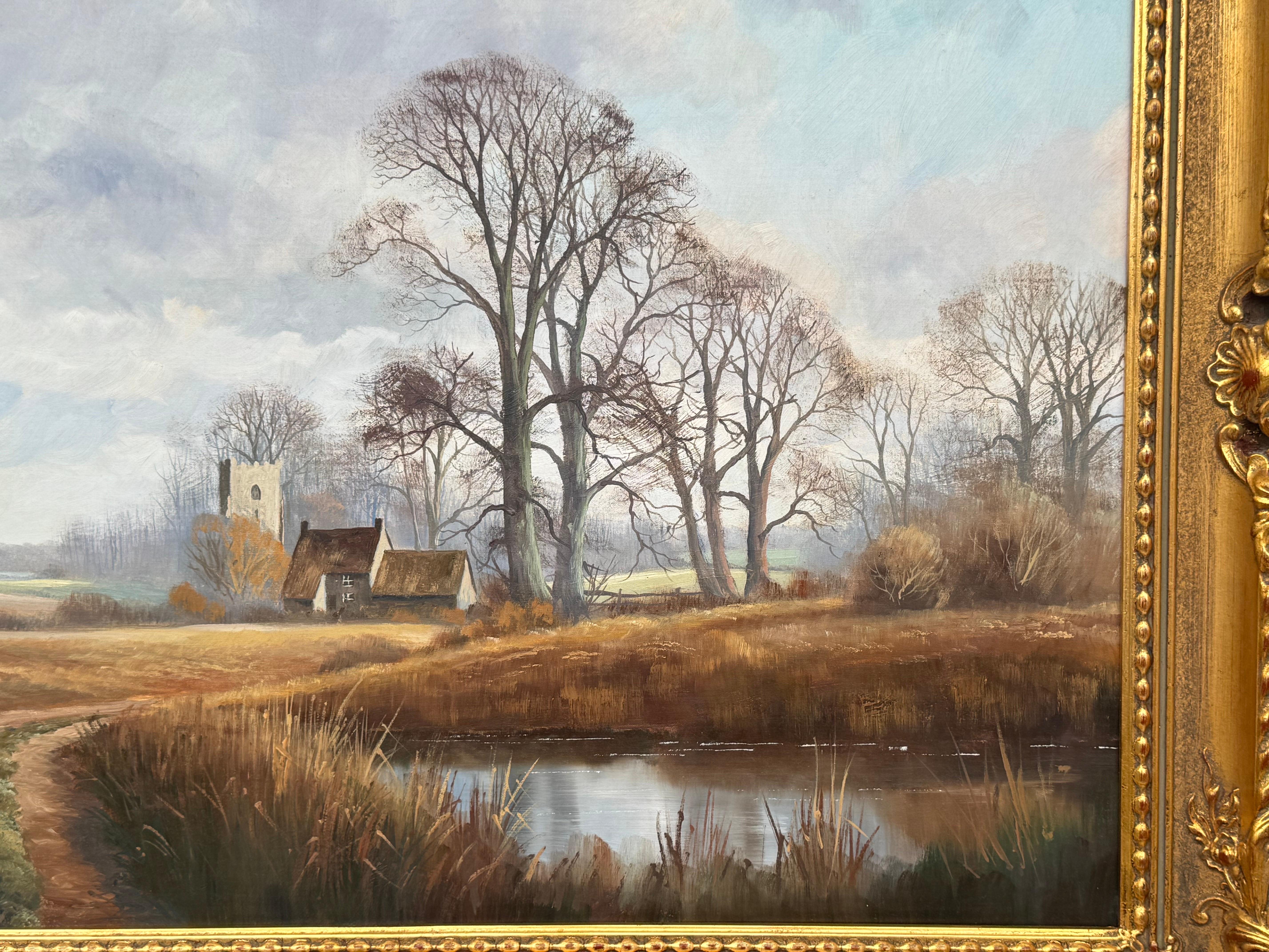 Church's et Cottage au bord d'une rivière dans la campagne anglaise par un artiste britannique en vente 11