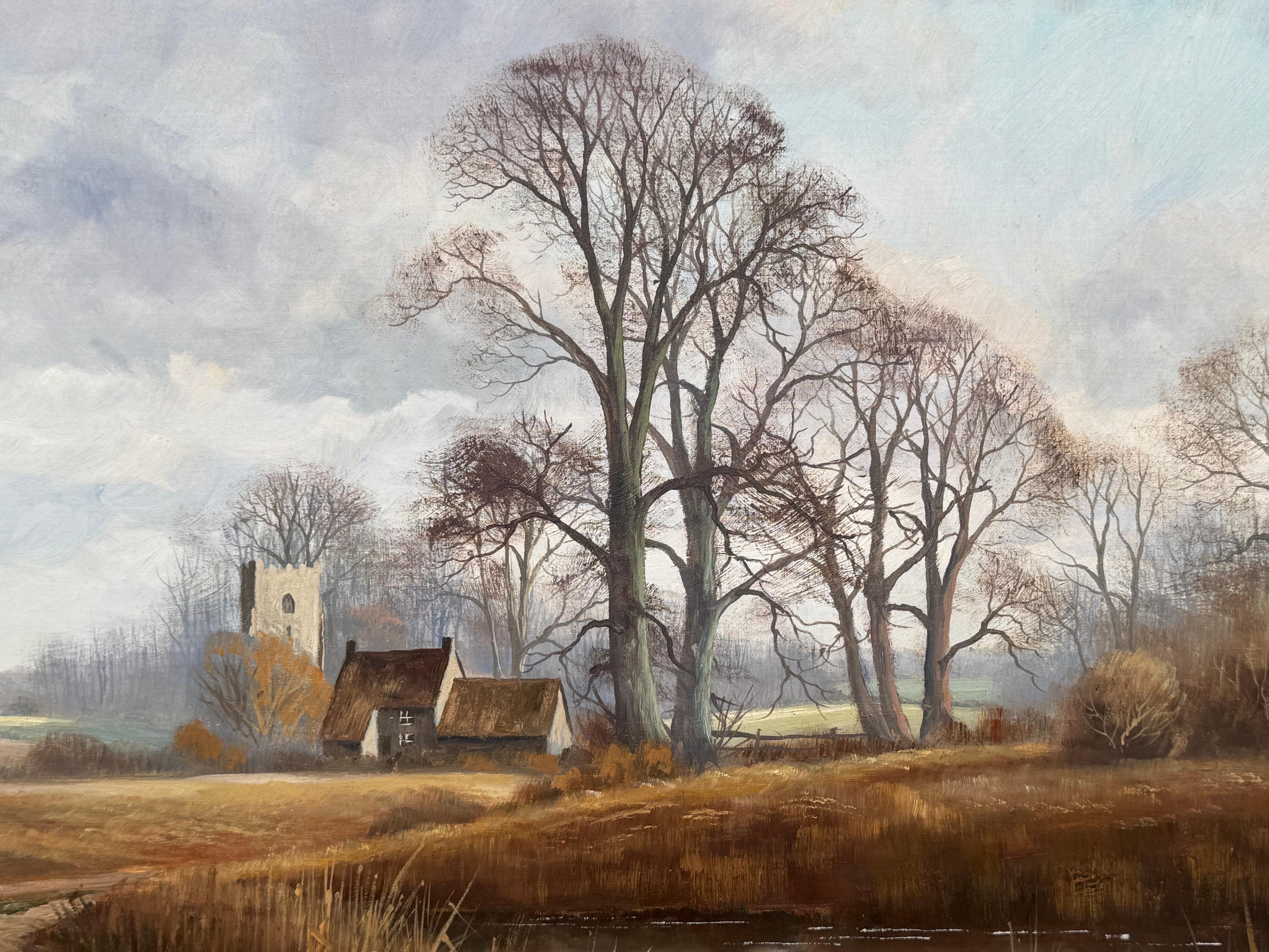 Church's et Cottage au bord d'une rivière dans la campagne anglaise par un artiste britannique en vente 13