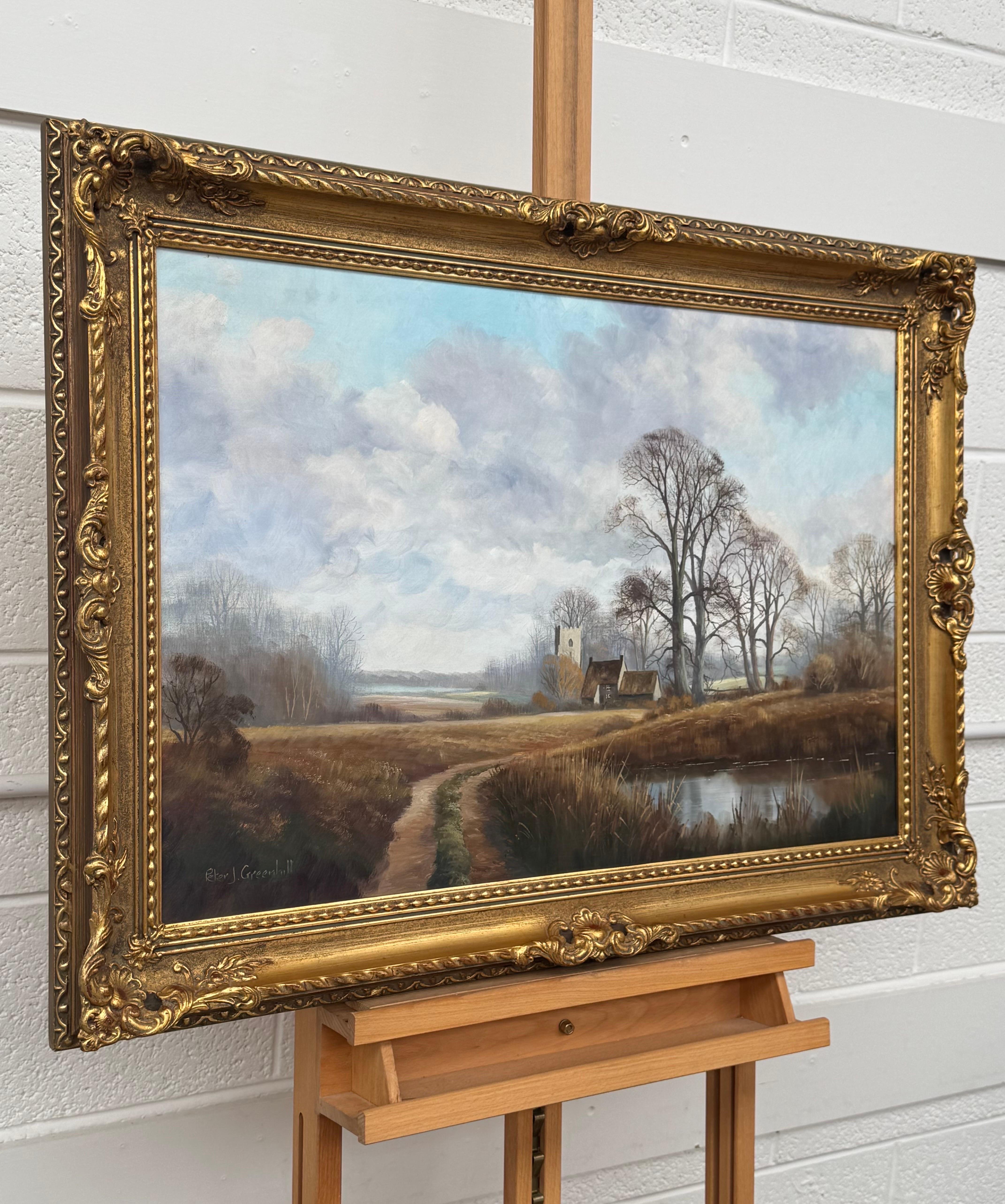 Church's et Cottage au bord d'une rivière dans la campagne anglaise par un artiste britannique en vente 14