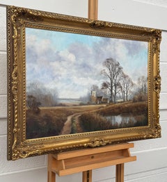 Church & Cottage by a River in the English Countryside by British Artist