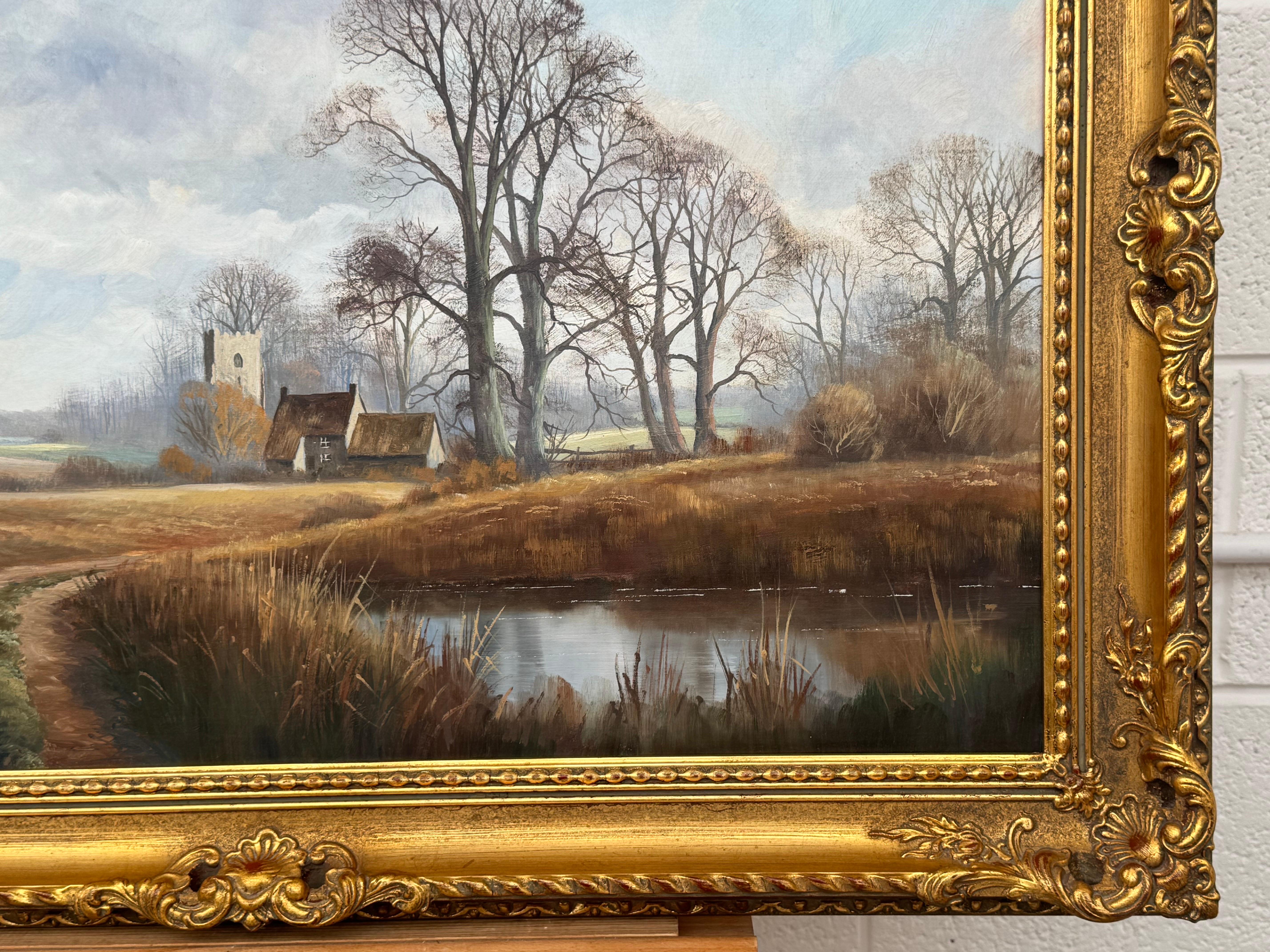 Church's et Cottage au bord d'une rivière dans la campagne anglaise par un artiste britannique en vente 15
