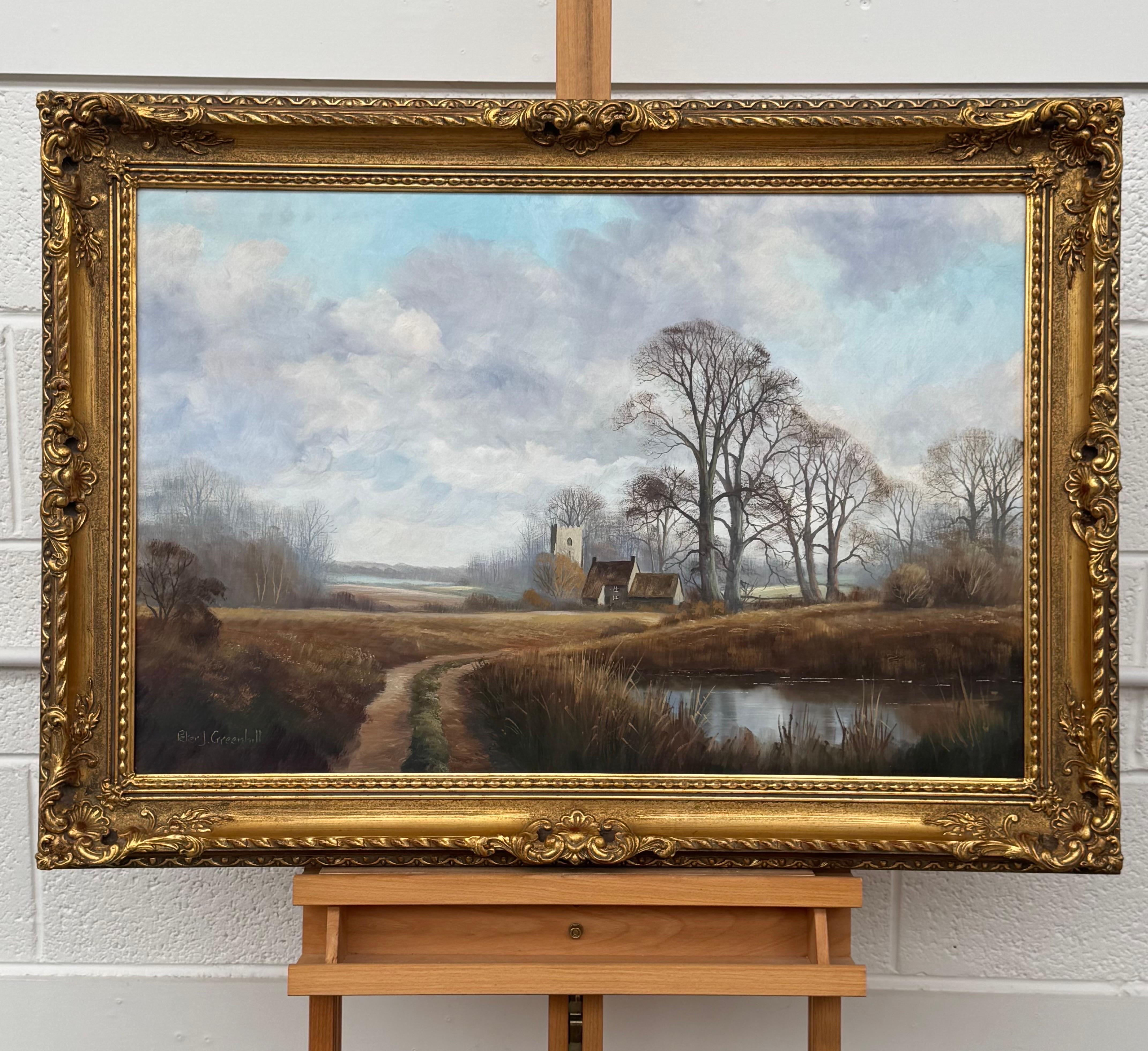 Church's et Cottage au bord d'une rivière dans la campagne anglaise par un artiste britannique - Réalisme Painting par Peter J Greenhill