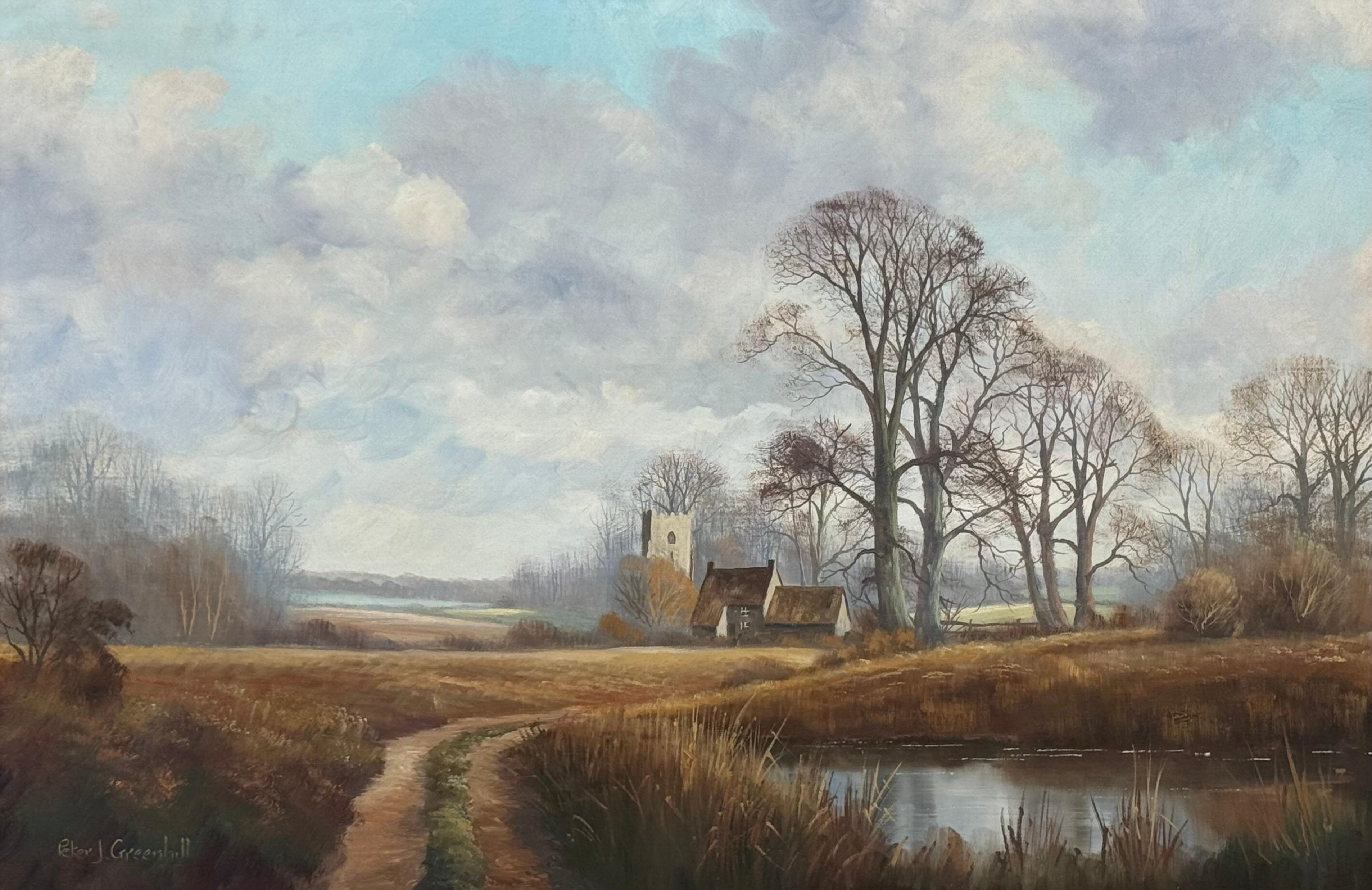 Church et Cottage au bord d'une rivière dans la campagne anglaise par l'artiste britannique Peter J Greenhill

L'œuvre d'art mesure 30 x 20 pouces
Le cadre mesure 35 x 25 pouces

Peter J. Greenhill (né en 1939, britannique)
Huile sur toile

Scène de