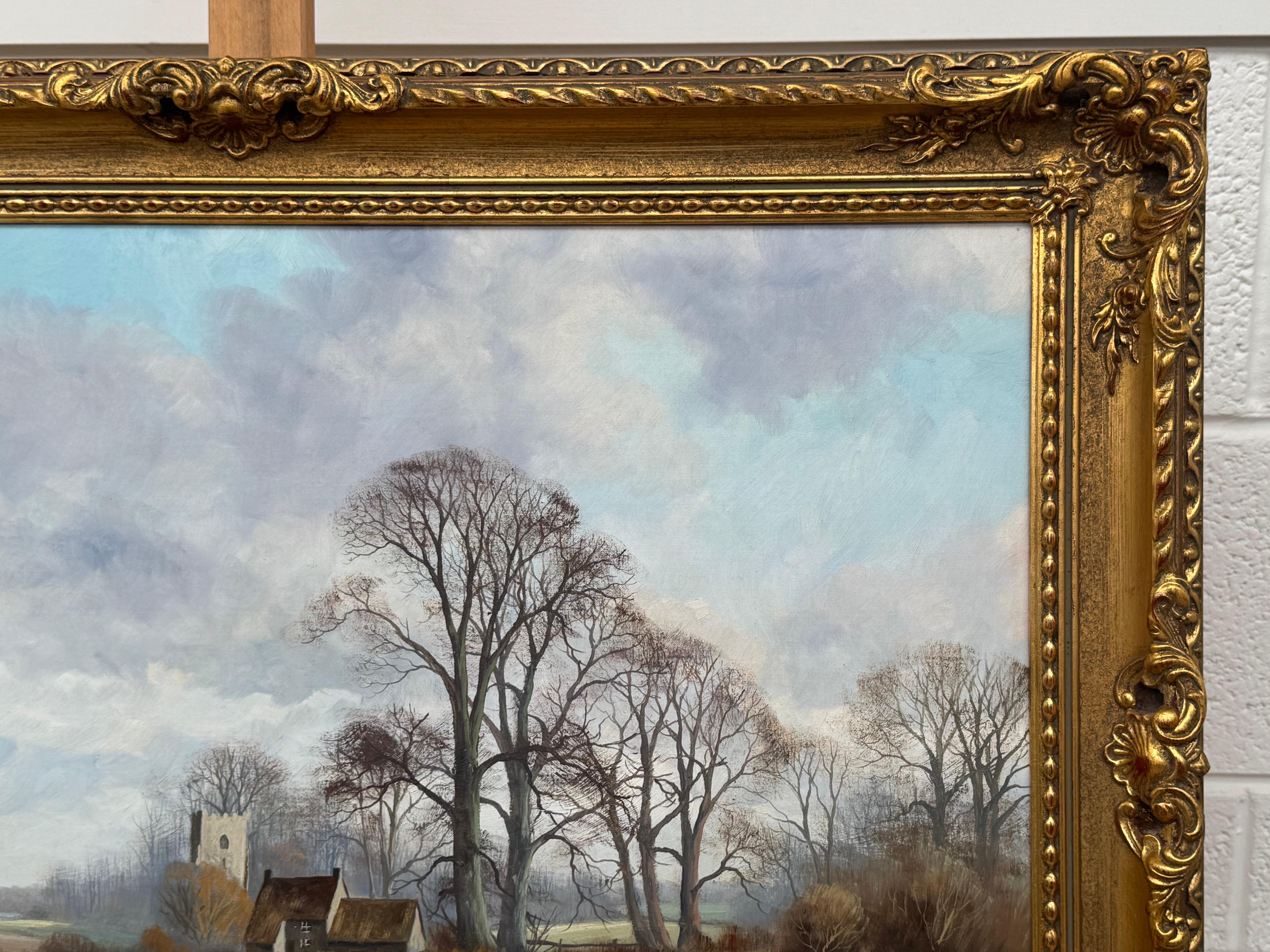 Church's et Cottage au bord d'une rivière dans la campagne anglaise par un artiste britannique en vente 2