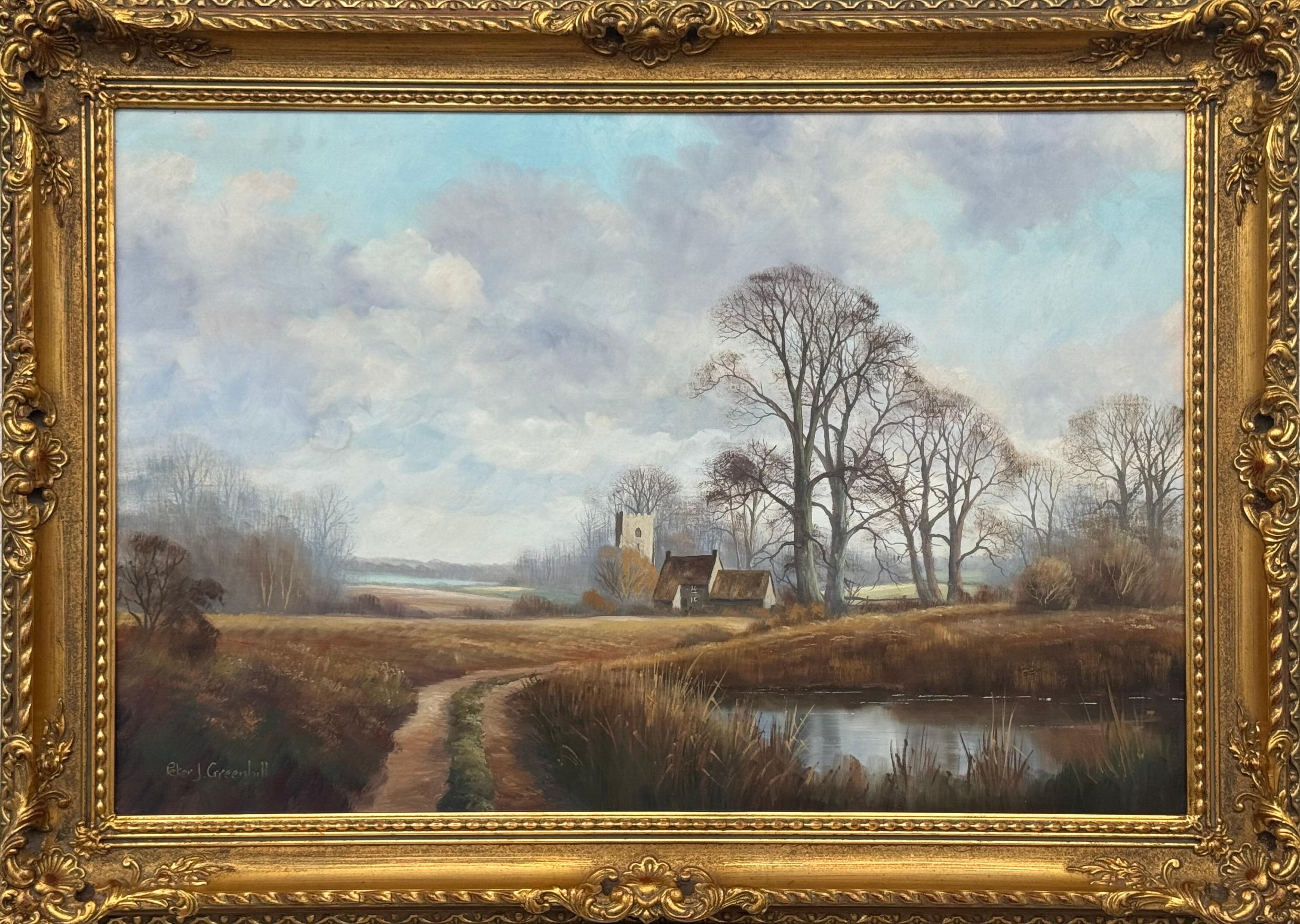 Kirche und Cottage an einem Fluss in der englischen Landschaft von einem britischen Künstler