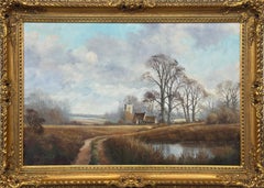 Church & Cottage by a River in the English Countryside by British Artist