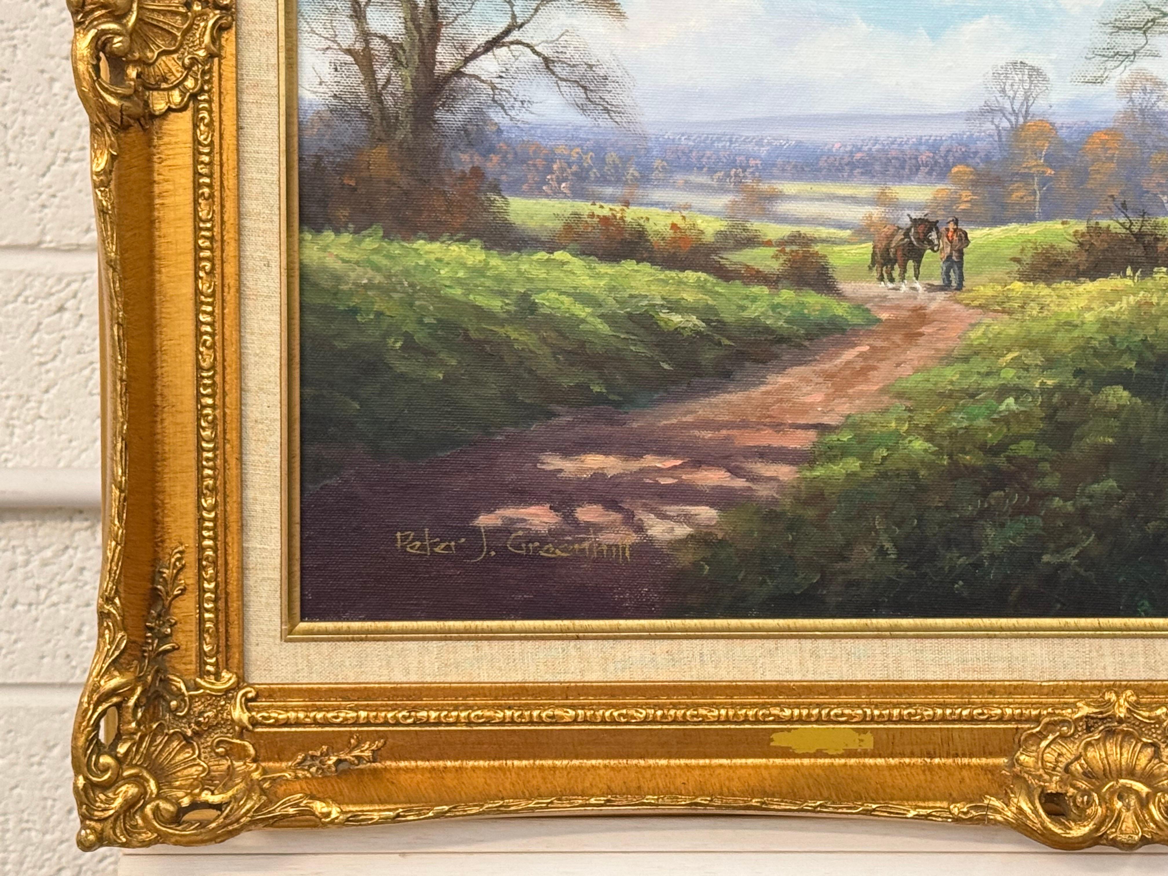 Caballo de Shire y hombre junto a río arbolado en la campiña inglesa por artista británico en venta 2