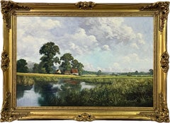 Bauernhaus an einem Fluss in der englischen Landschaft des 20. Jahrhunderts des britischen Künstlers