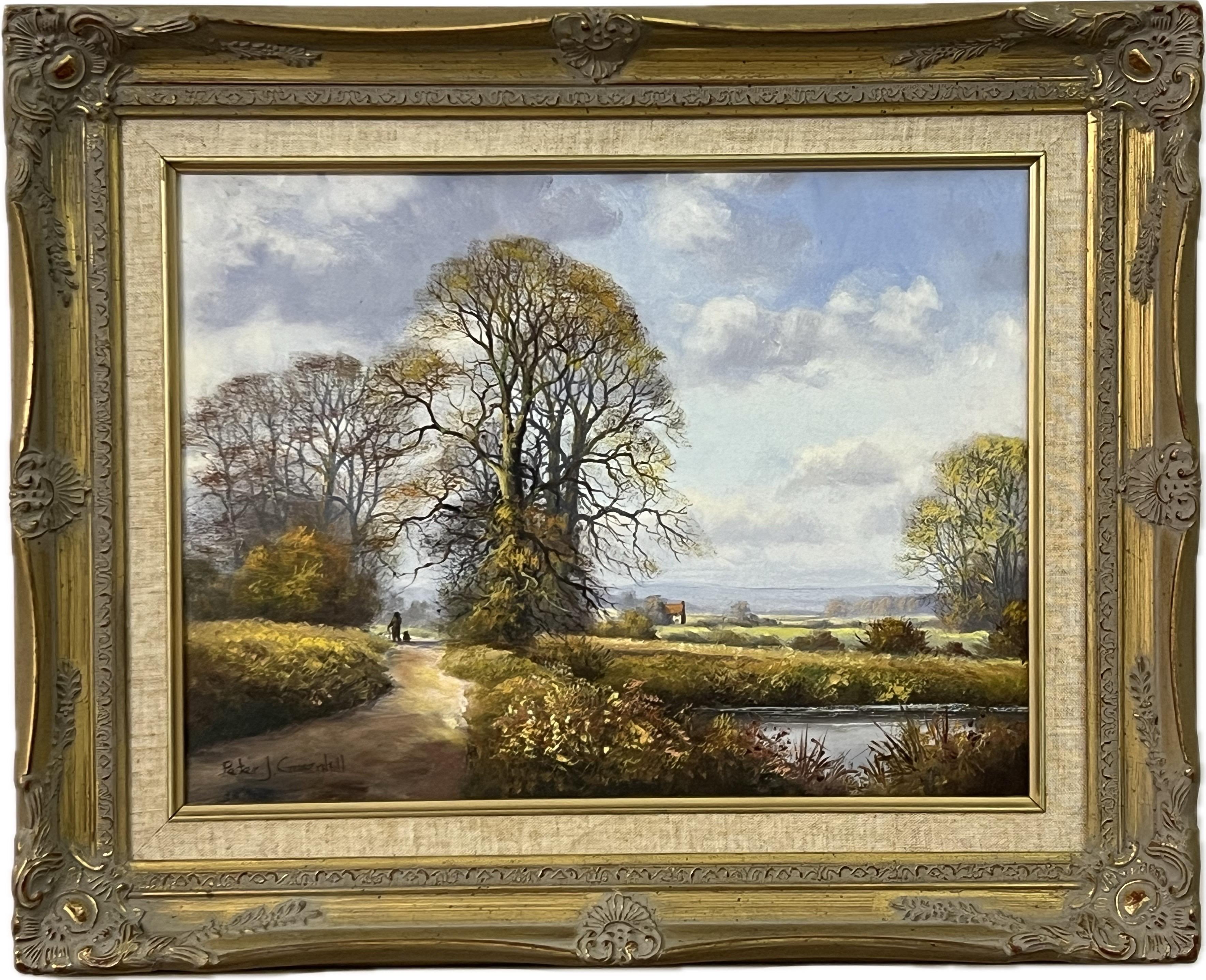 Bauernhaus an einem Fluss in der englischen Landschaft des 20. Jahrhunderts des britischen Künstlers