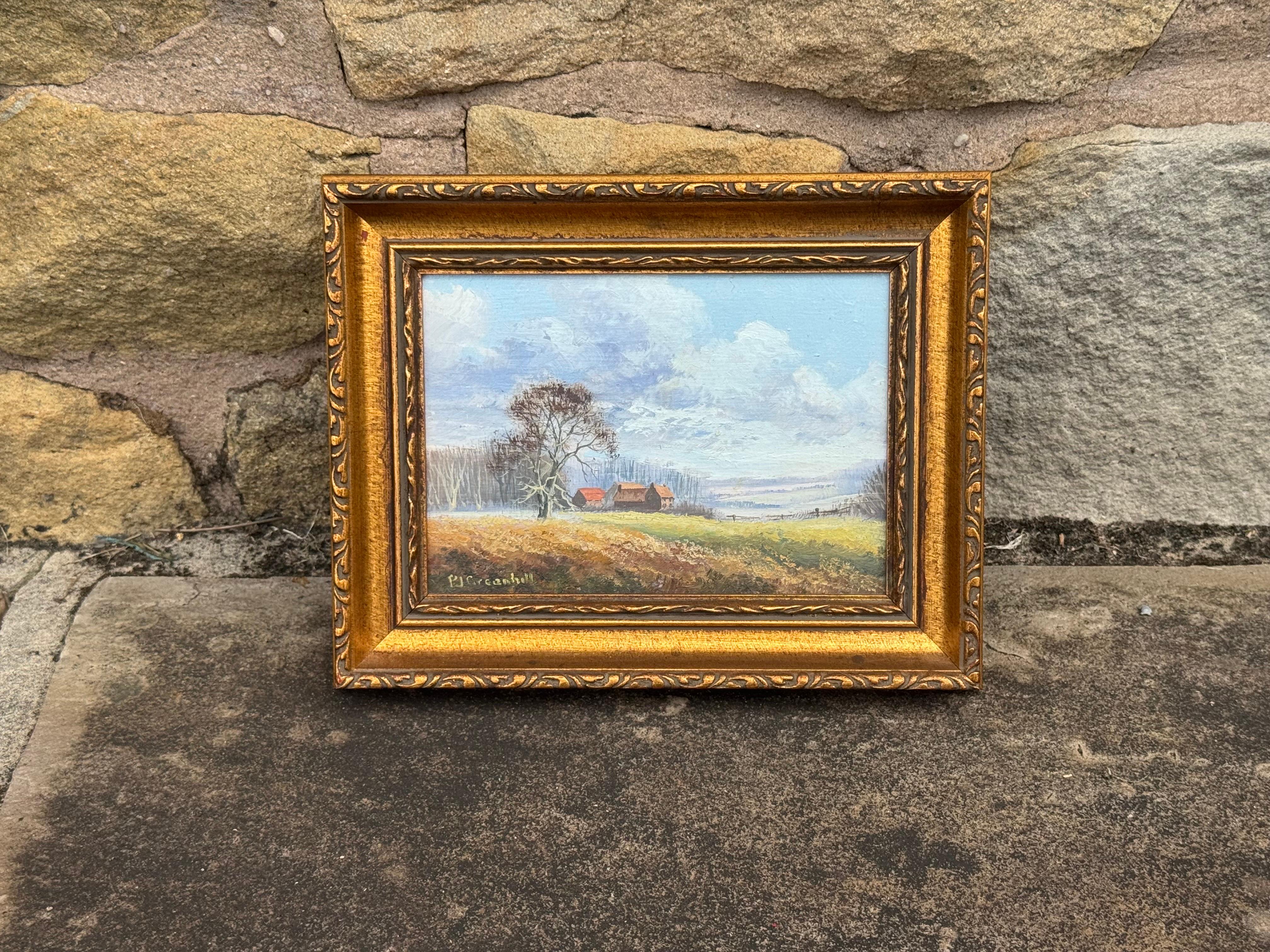 Miniatur-Ölgemälde eines Bauernhauses in der üppig grünen englischen Landschaft, vom britischen Künstler des 20. Jahrhunderts, Peter J Greenhill

Kunst misst 7 x 5 Zoll
Rahmen misst 9 x 7 Zoll

Peter J. Greenhill (geb. 1939, Brite)
Öl auf Leinwand,