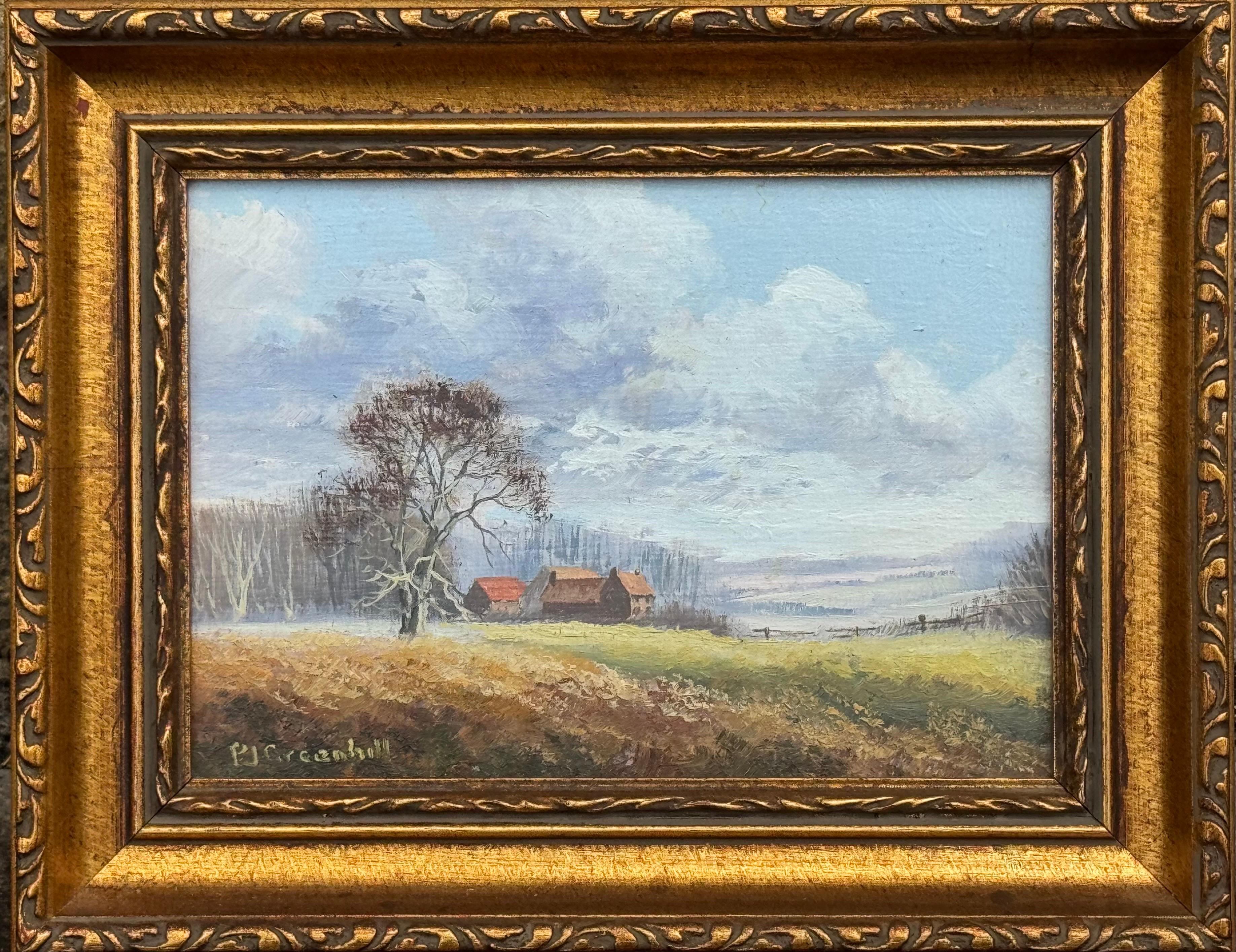 Peter J Greenhill Landscape Painting – Miniatur-Ölgemälde von Cottage Bauernhaus in üppigen grünen englischen Landschaft