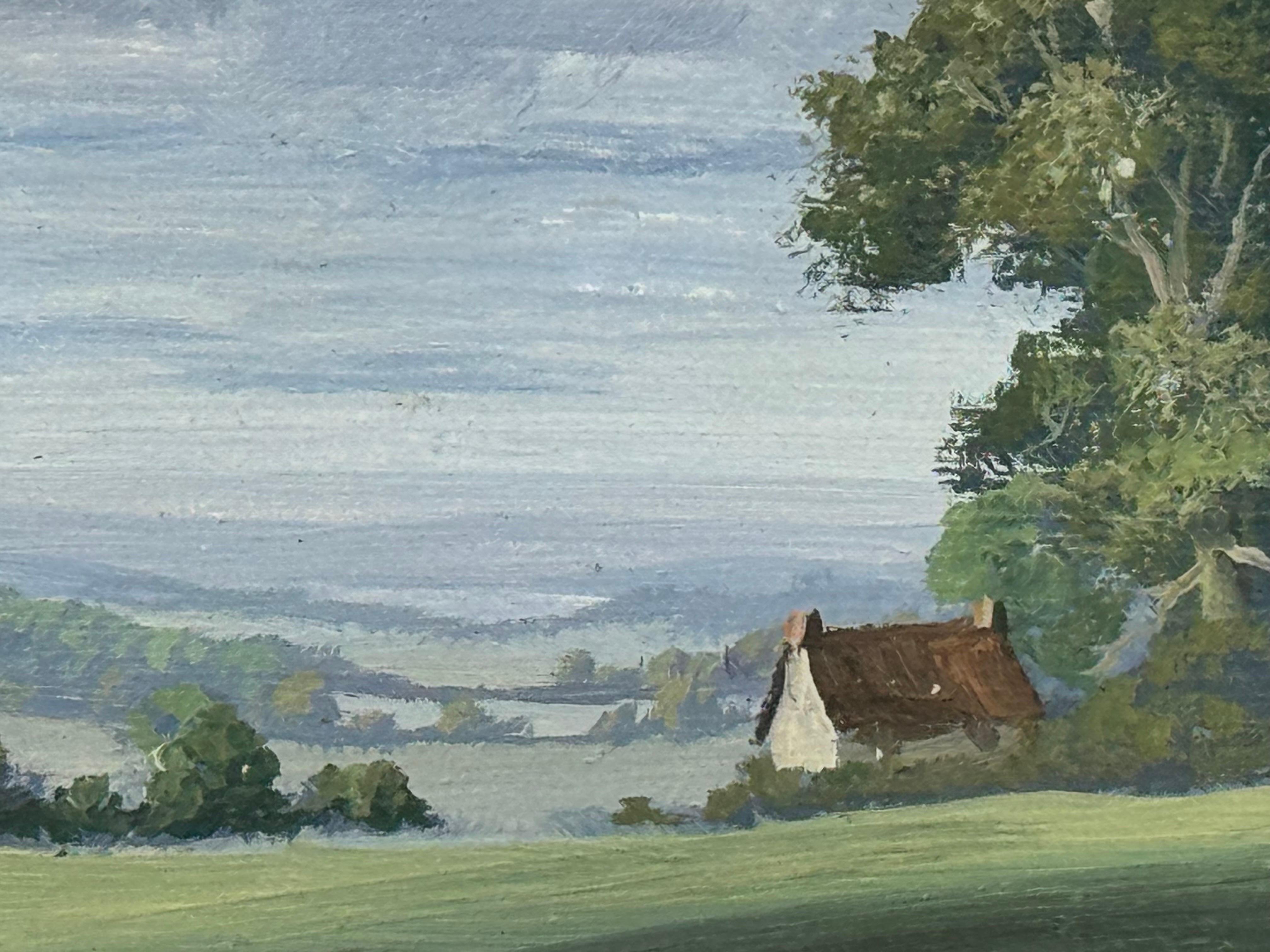 Miniatur Vintage Ölgemälde eines Bauernhauses in üppiger grüner englischer Landschaft im Angebot 1