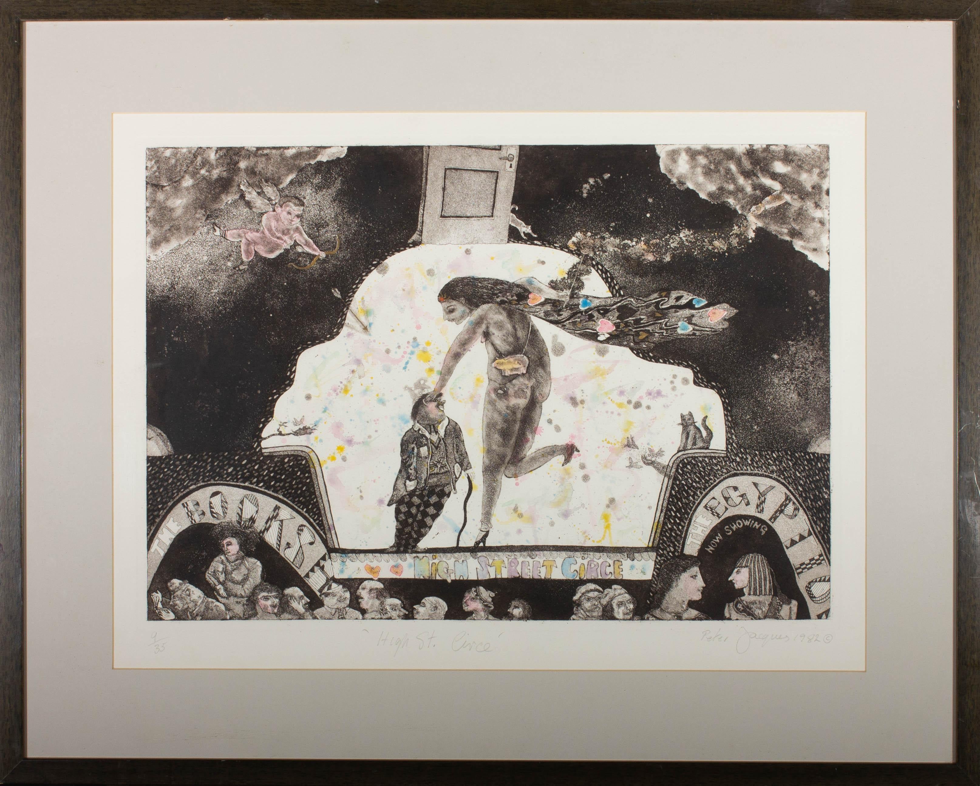 A fun and charmingly naive acid etching showing a man, enchanted by a nude woman performing as Circe in a darkened interior. The artist has added hand colouring and signed, inscribed, dated and numbered (9/35) to the lower edge. The etching is