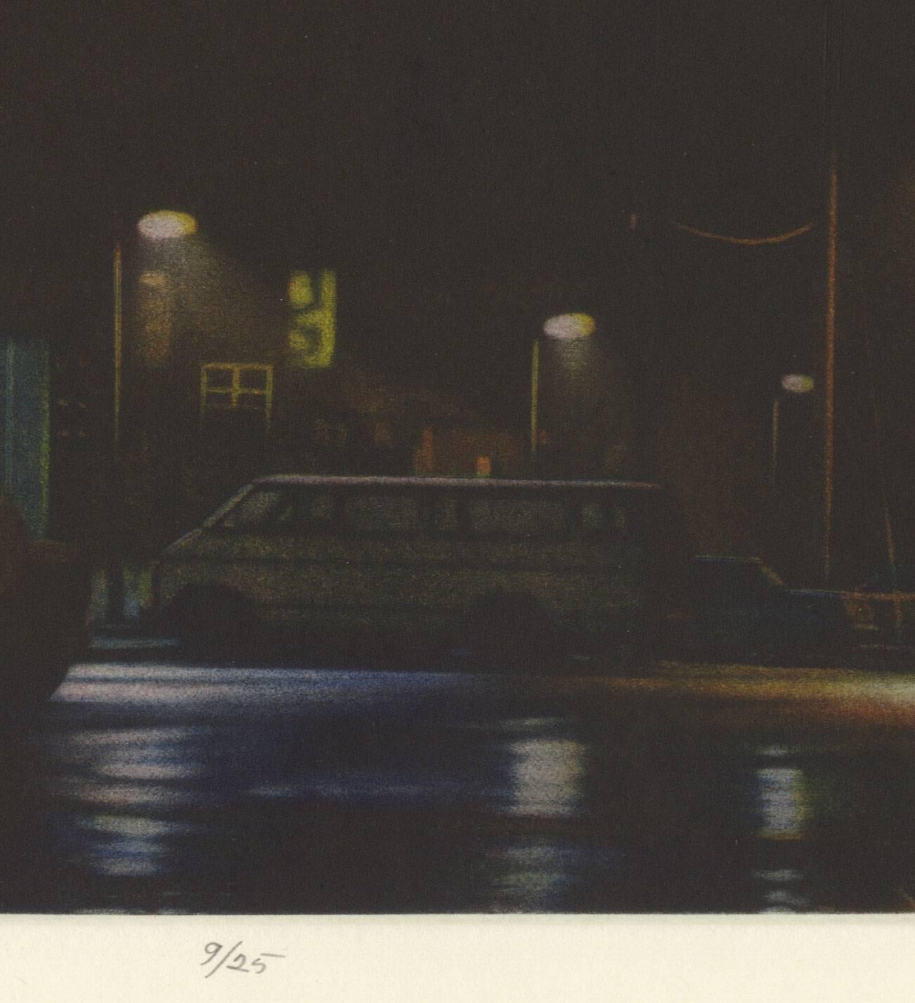 No  Outlet (night scene with parked vans in suburban setting on dead end) - Contemporary Print by Peter Jogo