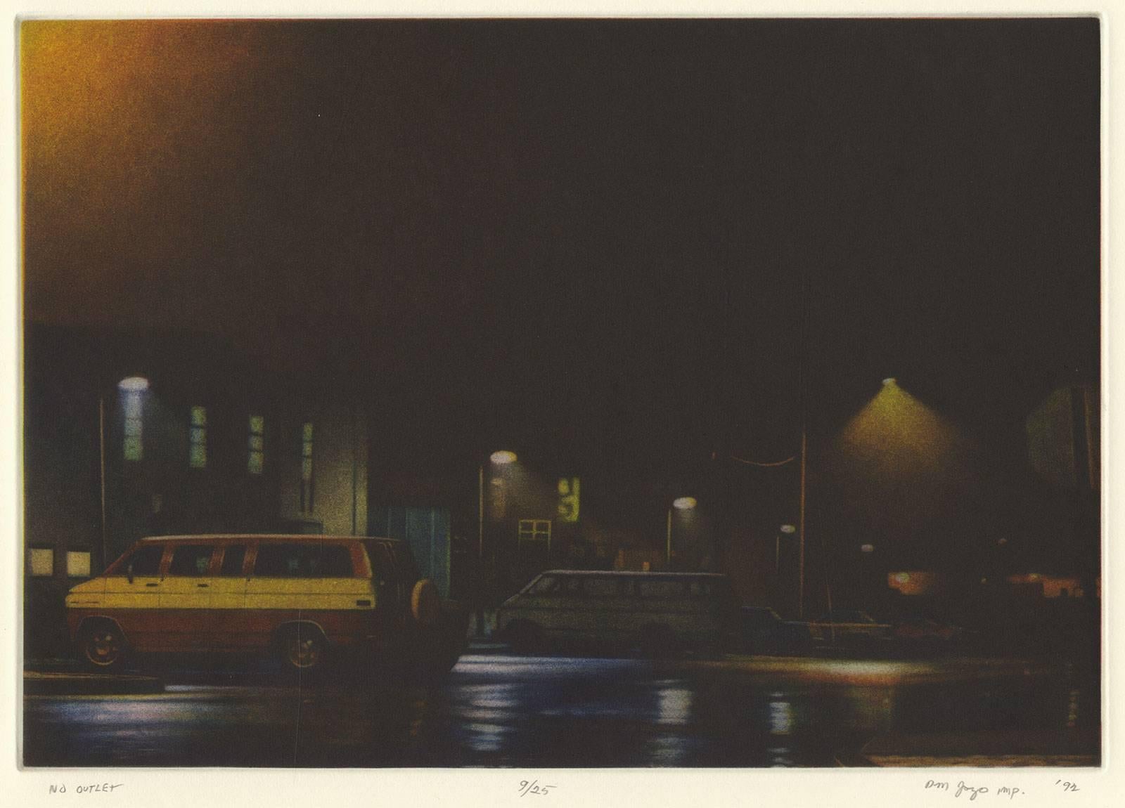 Peter Jogo Landscape Print - No  Outlet (night scene with parked vans in suburban setting on dead end)