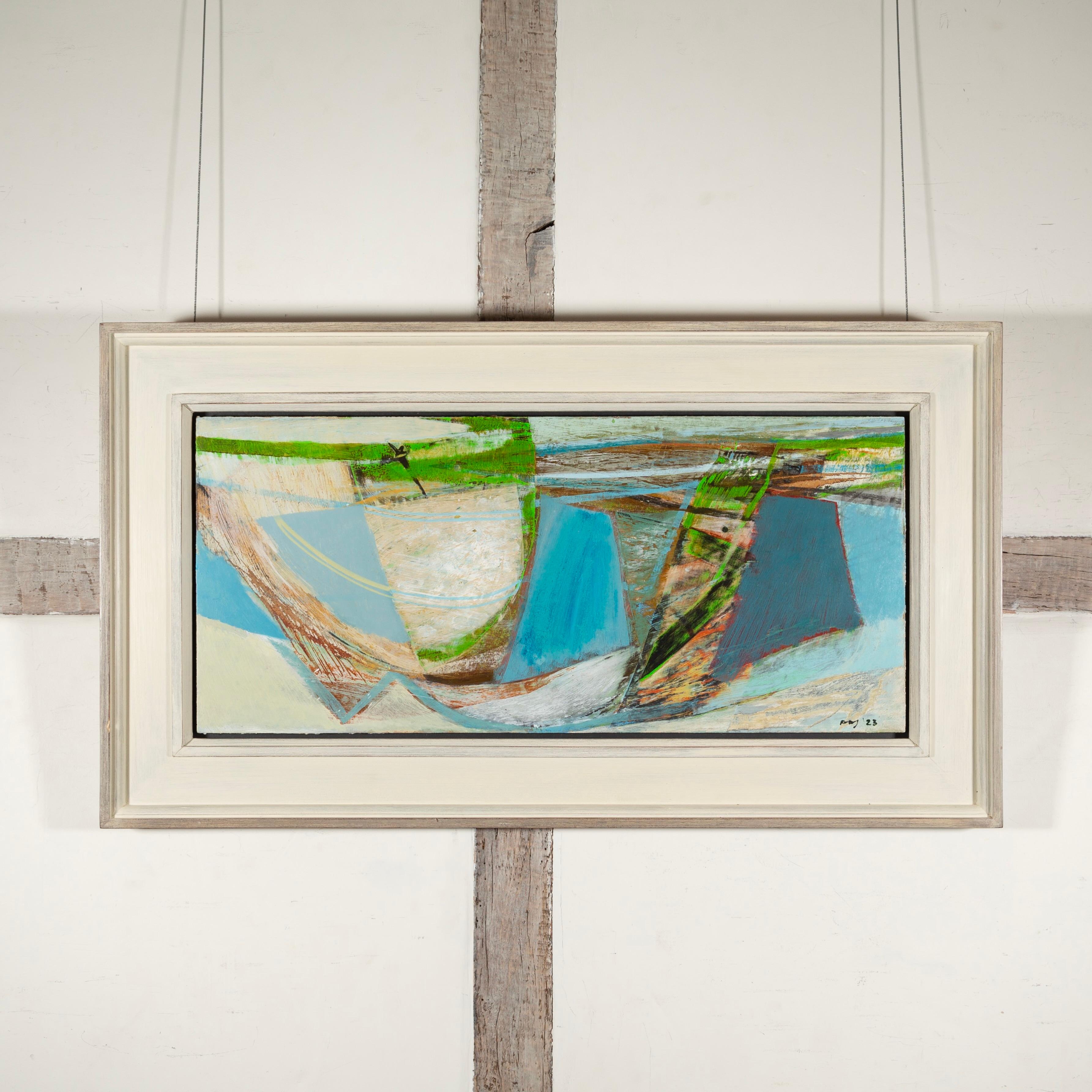 Cut Pools, 2023 - Pittura acrilica astratta di paesaggio con verde, blu e bianco - Painting di Peter Joyce
