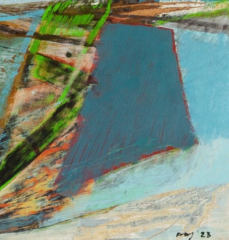 Cut Pools, 2023 - Pittura acrilica astratta di paesaggio con verde, blu e bianco - Abstract Painting Grigio di Peter Joyce