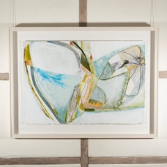 Down to the Cliffs, 2024 – Blaues und weißes Acrylgemälde und Collage auf Papier