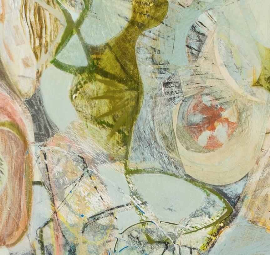 Hedgerow, 2024 - Grande peinture abstraite à l'acrylique sur toile avec jaune et bleu - Beige Abstract Painting par Peter Joyce