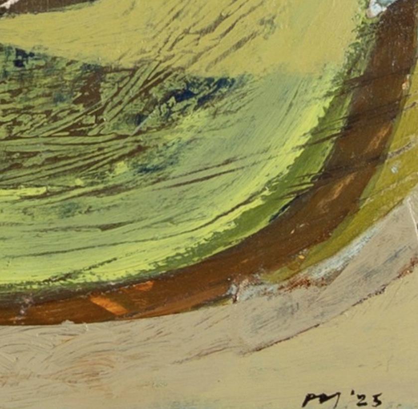 Nine Barrow Down - Pittura acrilica astratta con collage, verde, marrone e giallo - Abstract Painting Marrone di Peter Joyce