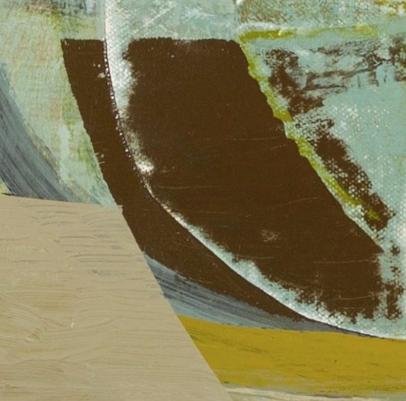 Nine Barrow Down - Pittura acrilica astratta con collage, verde, marrone e giallo in vendita 1