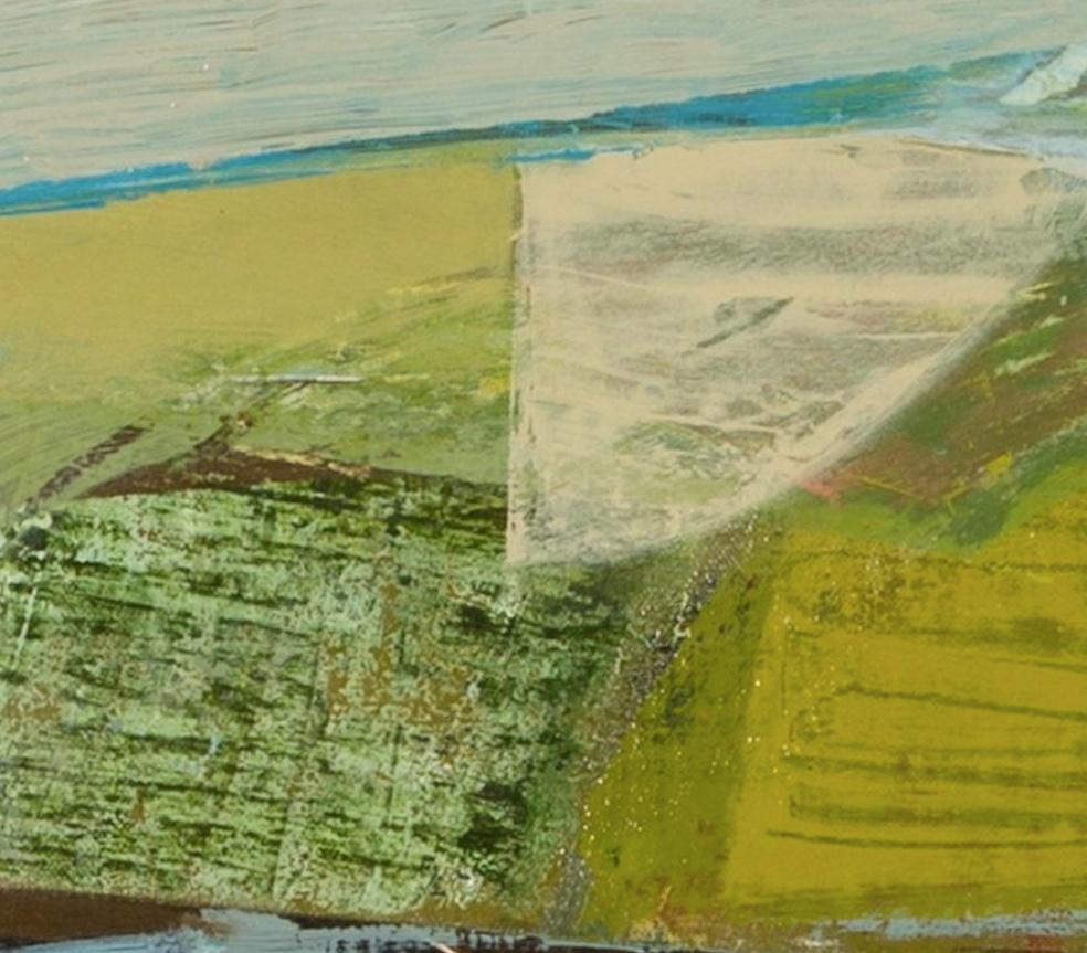 Nine Barrow Down - Pittura acrilica astratta con collage, verde, marrone e giallo in vendita 2